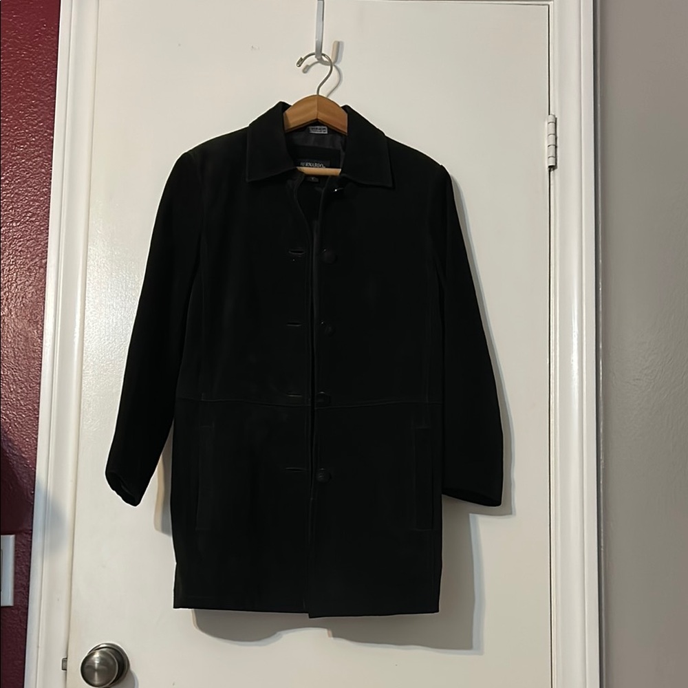 Bernardo Black Trench Coat Classic Mid-Length in Suede